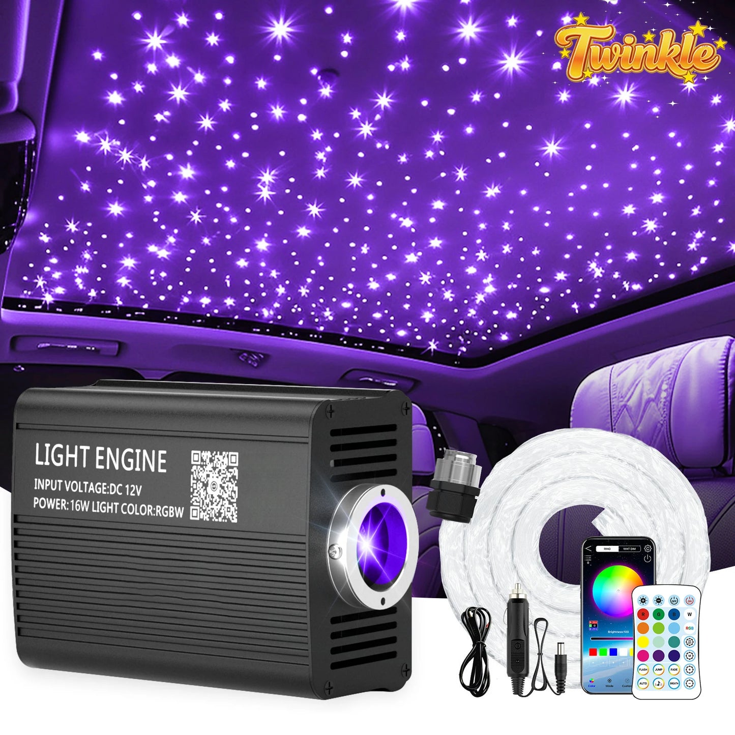 16W Twinkle Starlight Headliner Kit 0.03in 6.5/9.8ft Fiber Optic Star Ceiling Light Sound Activated Music Mode for Car/Home