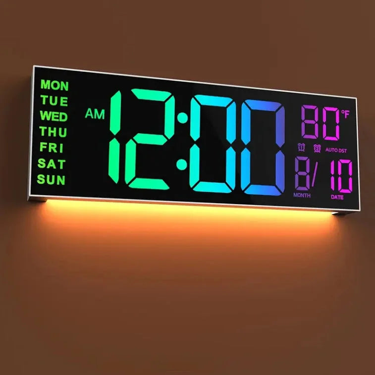 16" Large Digital Wall Clock With Remote Control, Timer, Alarm With Big LED Screen Display, 8 RGB Colors, Auto DST, Temperature.