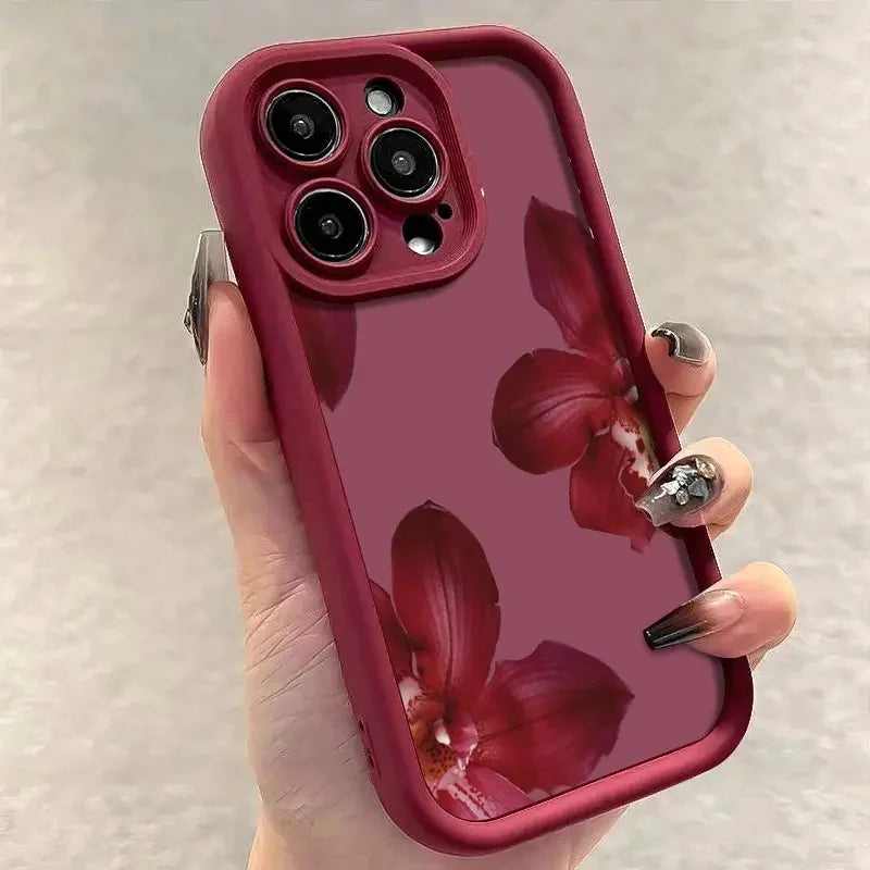 Wine Red Orchid Flower Pattern Phone Case For iPhone 11 12 13 14 15 16 Pro Max 16E XS Max XR 14 15 16 Plus Silicone Soft Cover