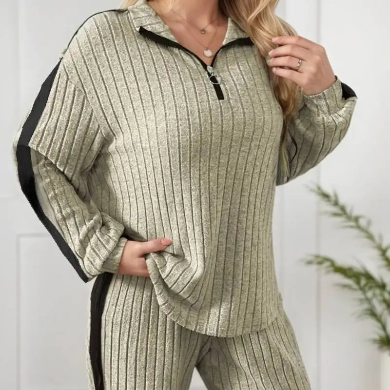 Elegant Casual 2-Piece Suit | Zipper Collar Long-Sleeve Top & Wide-Leg Pants, Soft Skin-Friendly Trendy Daily Wear