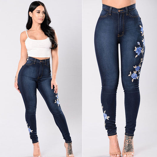 Hot Internet Jeans European and American Embroidered Stretch Pencil Pants Export Low Waist Pants for Women