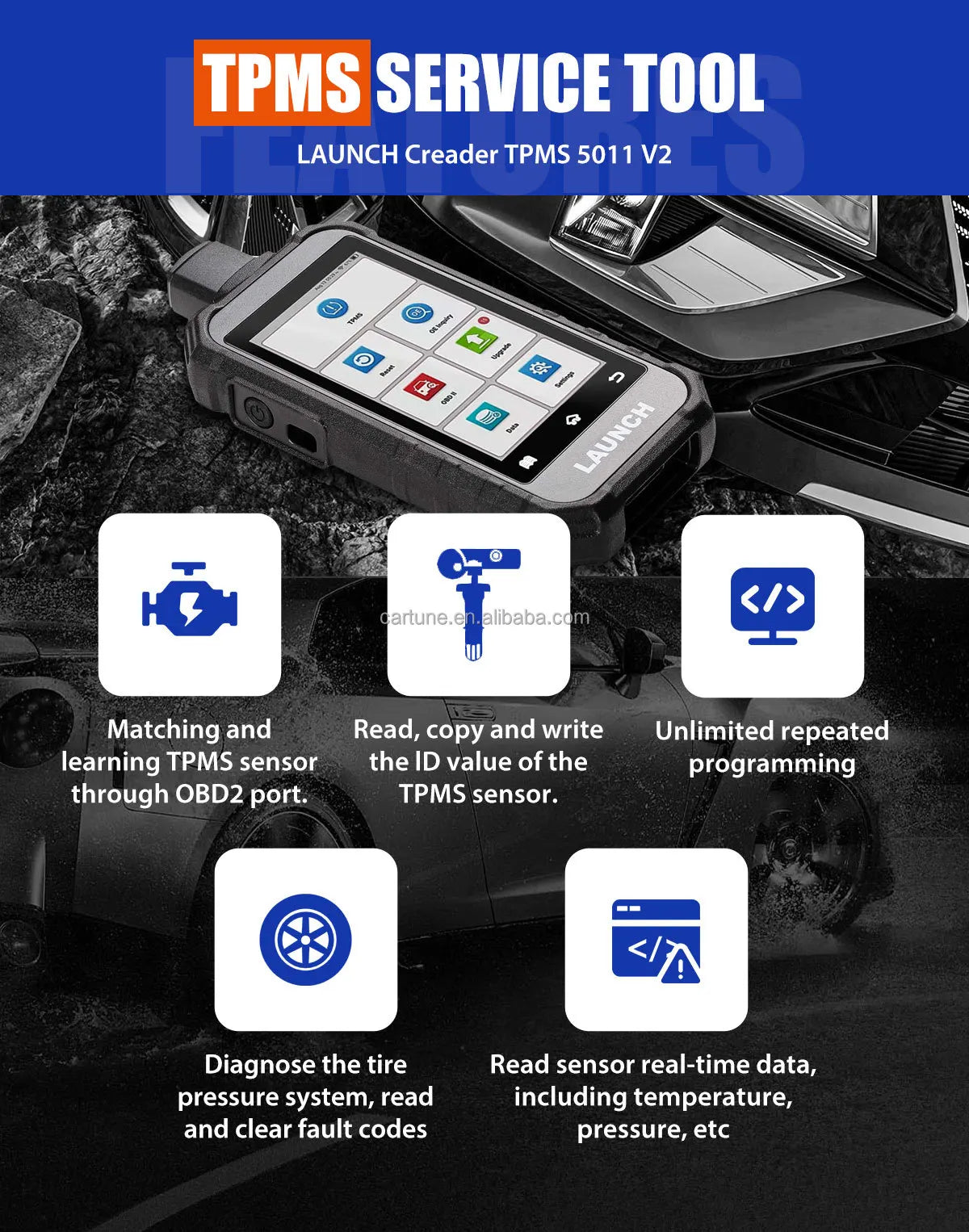 LAUNCH Creader TPMS 5011 V2 WIFI Upgrade Diagnostic Tool with 12 Reset Functions 315/433MHZ 2.4Ghz TPMS Activation Tool