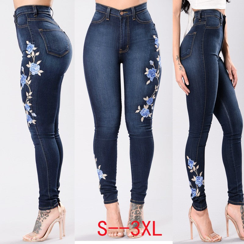 Hot Internet Jeans European and American Embroidered Stretch Pencil Pants Export Low Waist Pants for Women