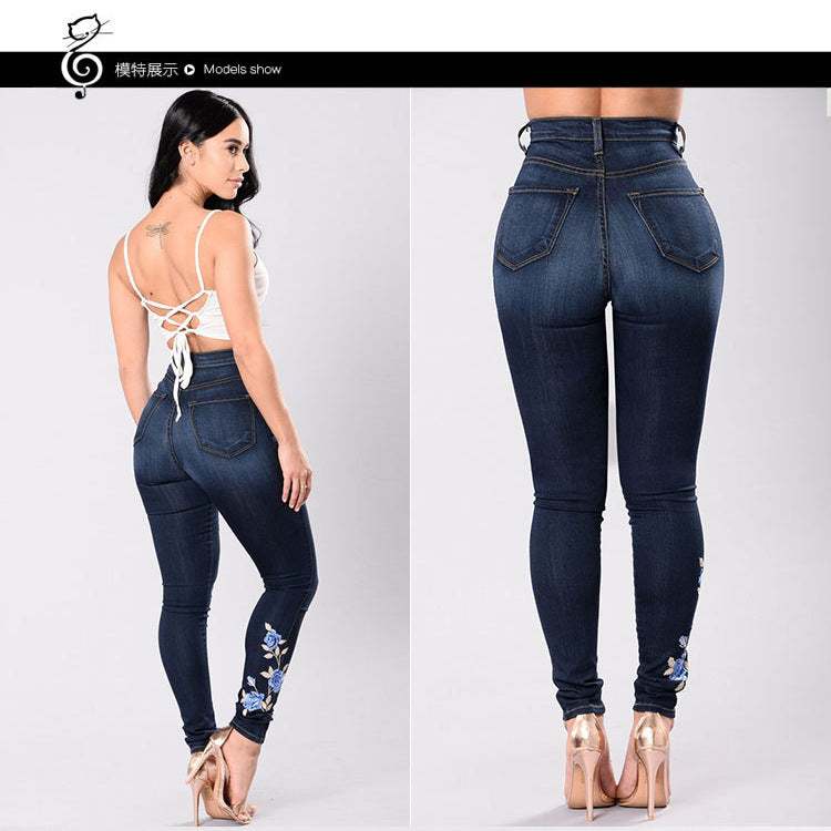 Hot Internet Jeans European and American Embroidered Stretch Pencil Pants Export Low Waist Pants for Women