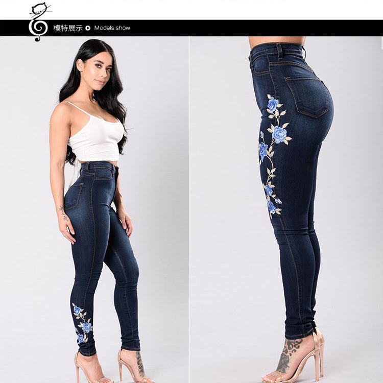 Hot Internet Jeans European and American Embroidered Stretch Pencil Pants Export Low Waist Pants for Women
