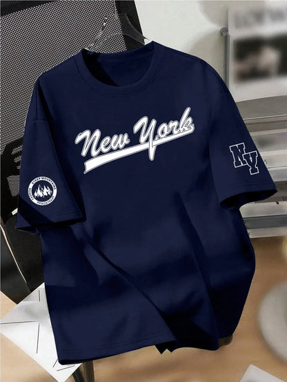 Men's Summer Trendy Style Letter Printed Soft, Comfortable, Breathable Round Neck T-shirt Outdoor Urban High Street Top