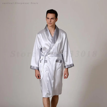 Summer Silk Stain Robe Men Bathrobe Kimono Gown Loose Casual Home Wear Male Loose Sleepwear Loungewear Night-Gown with Belt