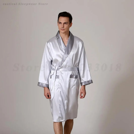 Summer Silk Stain Robe Men Bathrobe Kimono Gown Loose Casual Home Wear Male Loose Sleepwear Loungewear Night-Gown with Belt