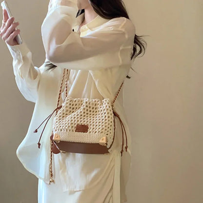 Women Chic Summer Beige Knit Crossbody Bag with Adjustable Strap Single Shoulder Purse, Versatile Handbag with Polyester Lining