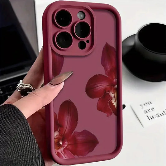 Wine Red Orchid Flower Pattern Phone Case For iPhone 11 12 13 14 15 16 Pro Max 16E XS Max XR 14 15 16 Plus Silicone Soft Cover