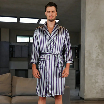 Summer Silk Stain Robe Men Bathrobe Kimono Gown Loose Casual Home Wear Male Loose Sleepwear Loungewear Night-Gown with Belt