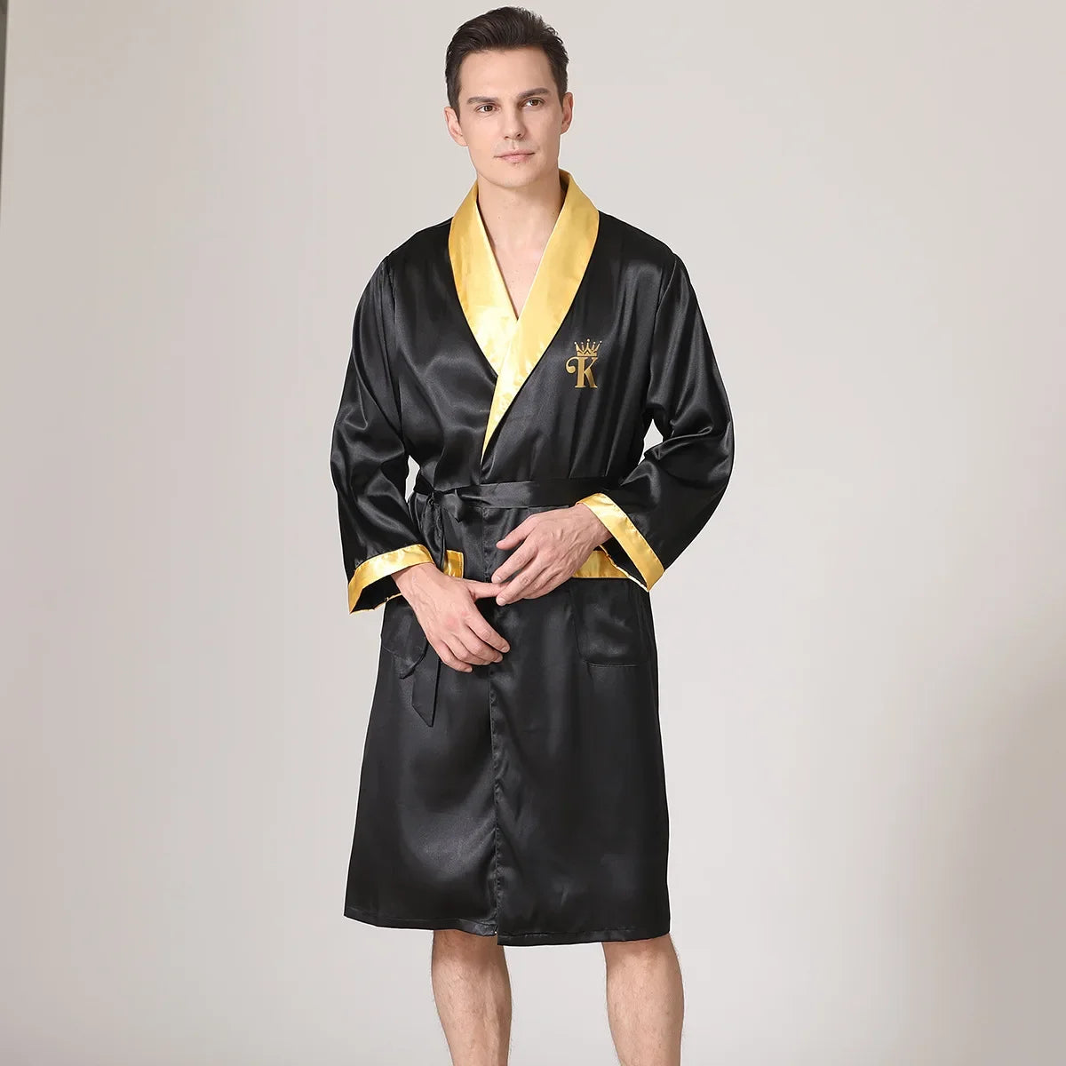 Summer Silk Stain Robe Men Bathrobe Kimono Gown Loose Casual Home Wear Male Loose Sleepwear Loungewear Night-Gown with Belt
