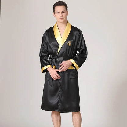 Summer Silk Stain Robe Men Bathrobe Kimono Gown Loose Casual Home Wear Male Loose Sleepwear Loungewear Night-Gown with Belt