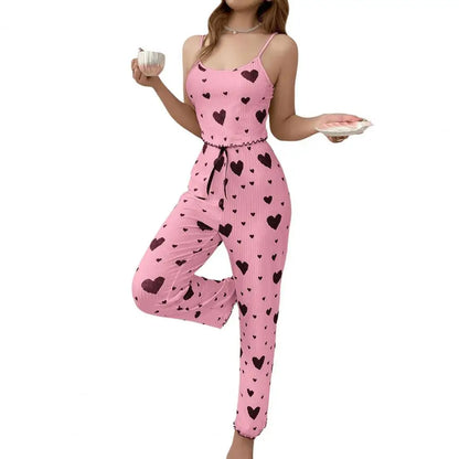 Cotton-blend Pajama Fabric Women's Bow Heart Print Vest High Waist Trousers Set for Summer Loungewear Sleepwear Women Two-piece