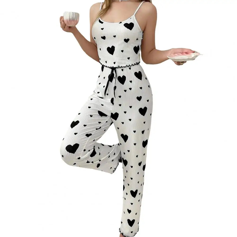 Cotton-blend Pajama Fabric Women's Bow Heart Print Vest High Waist Trousers Set for Summer Loungewear Sleepwear Women Two-piece