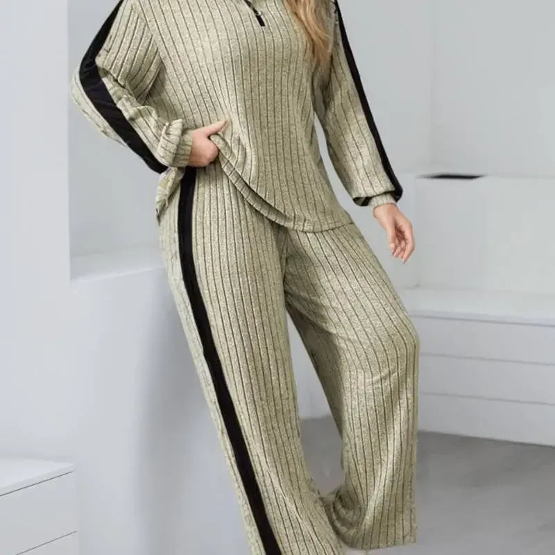 Elegant Casual 2-Piece Suit | Zipper Collar Long-Sleeve Top & Wide-Leg Pants, Soft Skin-Friendly Trendy Daily Wear