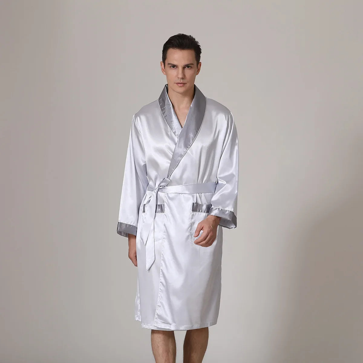 Summer Silk Stain Robe Men Bathrobe Kimono Gown Loose Casual Home Wear Male Loose Sleepwear Loungewear Night-Gown with Belt