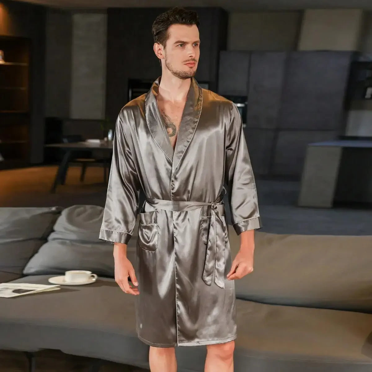Summer Silk Stain Robe Men Bathrobe Kimono Gown Loose Casual Home Wear Male Loose Sleepwear Loungewear Night-Gown with Belt