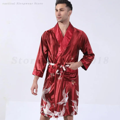 Summer Silk Stain Robe Men Bathrobe Kimono Gown Loose Casual Home Wear Male Loose Sleepwear Loungewear Night-Gown with Belt