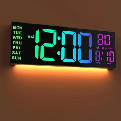 16" Large Digital Wall Clock With Remote Control, Timer, Alarm With Big LED Screen Display, 8 RGB Colors, Auto DST, Temperature.