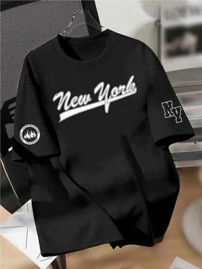 Men's Summer Trendy Style Letter Printed Soft, Comfortable, Breathable Round Neck T-shirt Outdoor Urban High Street Top