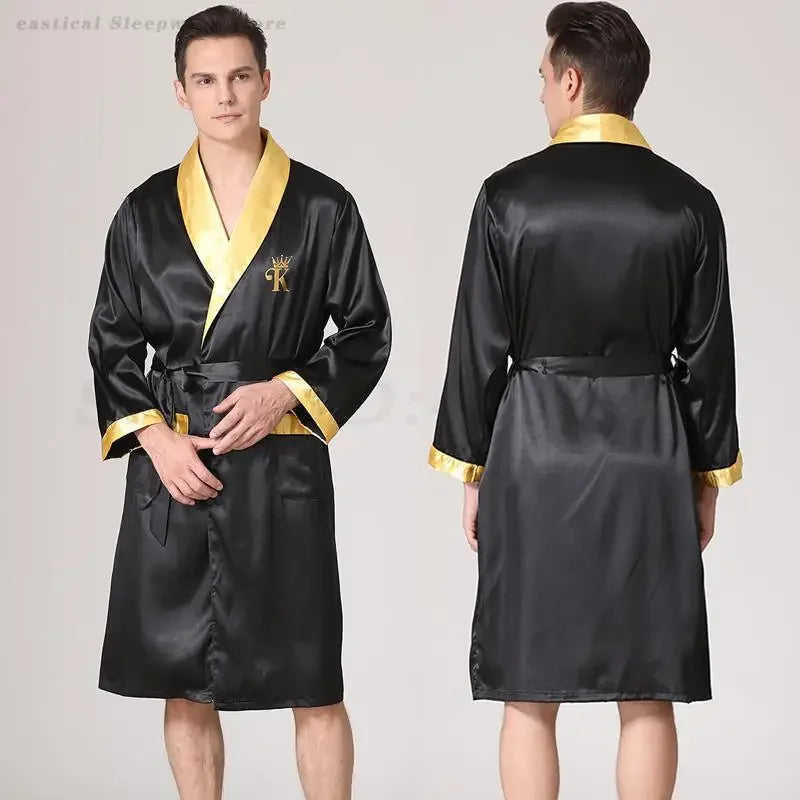 Summer Silk Stain Robe Men Bathrobe Kimono Gown Loose Casual Home Wear Male Loose Sleepwear Loungewear Night-Gown with Belt