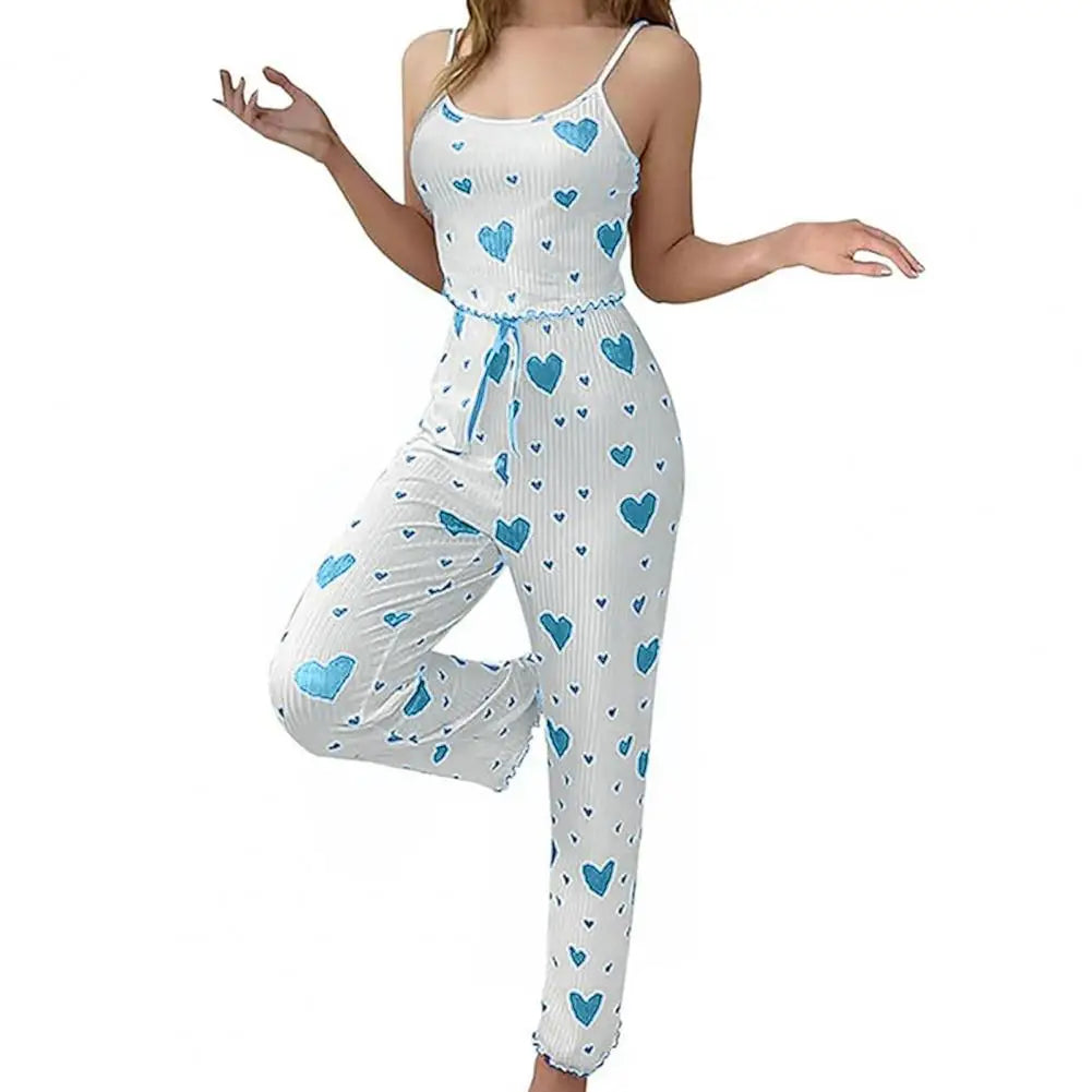Cotton-blend Pajama Fabric Women's Bow Heart Print Vest High Waist Trousers Set for Summer Loungewear Sleepwear Women Two-piece