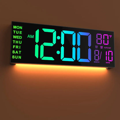 16" Large Digital Wall Clock With Remote Control, Timer, Alarm With Big LED Screen Display, 8 RGB Colors, Auto DST, Temperature.