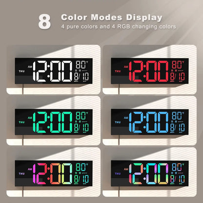 16" Large Digital Wall Clock With Remote Control, Timer, Alarm With Big LED Screen Display, 8 RGB Colors, Auto DST, Temperature.