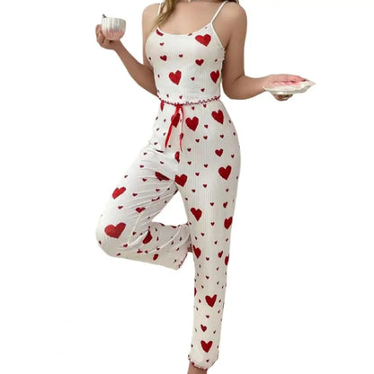 Cotton-blend Pajama Fabric Women's Bow Heart Print Vest High Waist Trousers Set for Summer Loungewear Sleepwear Women Two-piece