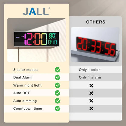 16" Large Digital Wall Clock With Remote Control, Timer, Alarm With Big LED Screen Display, 8 RGB Colors, Auto DST, Temperature.