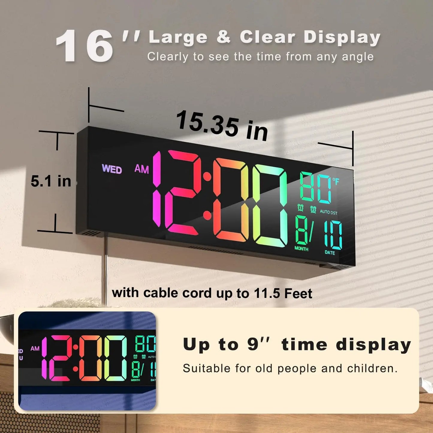 16" Large Digital Wall Clock With Remote Control, Timer, Alarm With Big LED Screen Display, 8 RGB Colors, Auto DST, Temperature.