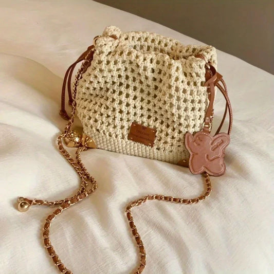 Women Chic Summer Beige Knit Crossbody Bag with Adjustable Strap Single Shoulder Purse, Versatile Handbag with Polyester Lining