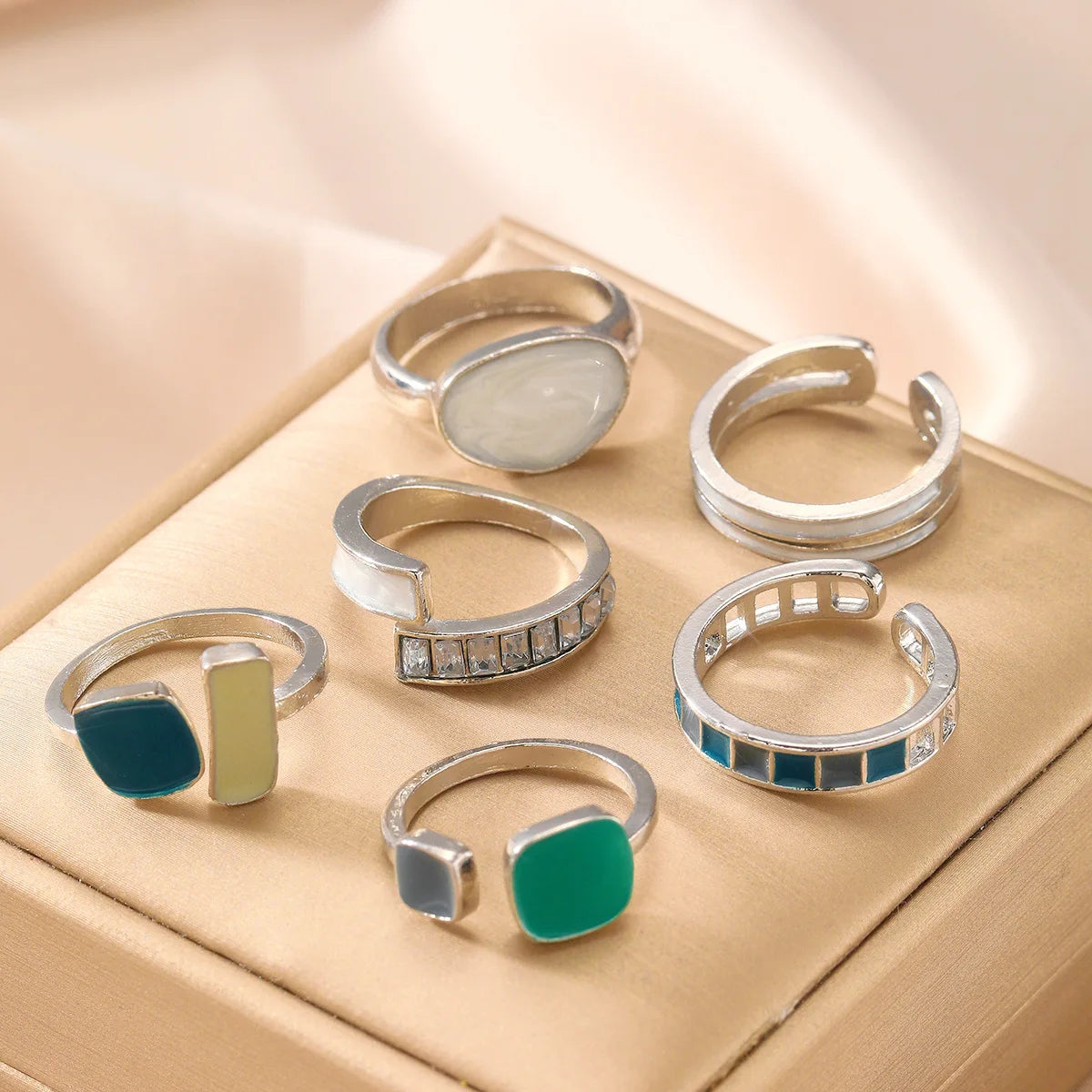 New 6 Piece Set Irregular Open Rings Moonstone Heart Finger Rings For Women Girls Kpop Sweet Cool Trendy Aesthetic Jewelry Gifts