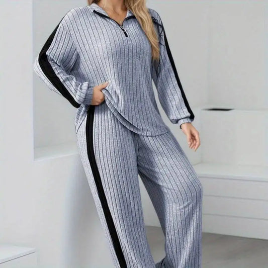 Elegant Casual 2-Piece Suit | Zipper Collar Long-Sleeve Top & Wide-Leg Pants, Soft Skin-Friendly Trendy Daily Wear
