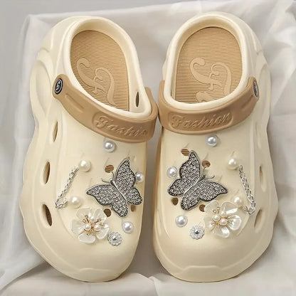 Silver Butterfly Platform Sandals for Women Summer Fashion Pearl Flower Decor Clogs Shoes Woman Thick Bottom EVA Beach Slippers