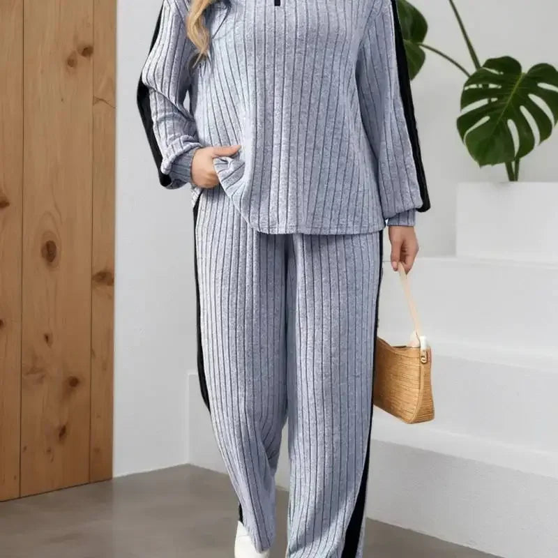 Elegant Casual 2-Piece Suit | Zipper Collar Long-Sleeve Top & Wide-Leg Pants, Soft Skin-Friendly Trendy Daily Wear