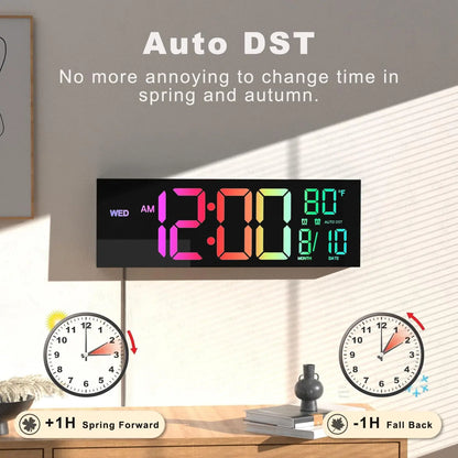 16" Large Digital Wall Clock With Remote Control, Timer, Alarm With Big LED Screen Display, 8 RGB Colors, Auto DST, Temperature.