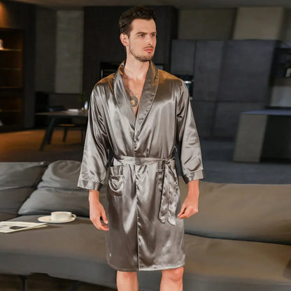 Summer Silk Stain Robe Men Bathrobe Kimono Gown Loose Casual Home Wear Male Loose Sleepwear Loungewear Night-Gown with Belt