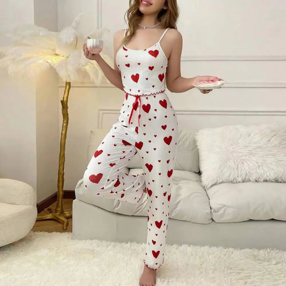 Cotton-blend Pajama Fabric Women's Bow Heart Print Vest High Waist Trousers Set for Summer Loungewear Sleepwear Women Two-piece