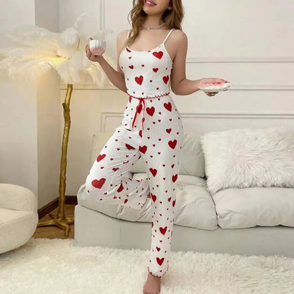 Cotton-blend Pajama Fabric Women's Bow Heart Print Vest High Waist Trousers Set for Summer Loungewear Sleepwear Women Two-piece