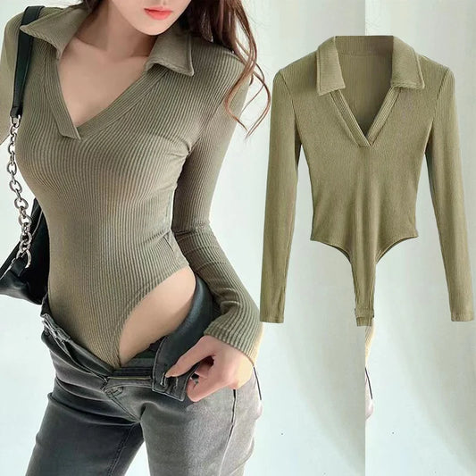 Spring Summer Slim Fit Sexy V-neck Jumpsuit Flip Basic Top Casual Hotsweet Undershirt Women Bodysuit Lingerie Sleepwear Bodycone