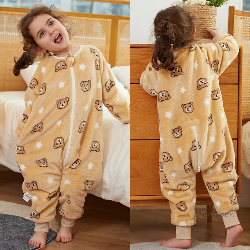Kids Winter Plush Pajamas Children Cow Bear Sleepwear Keep Warm Kigurumi For Boys Girls Flannel Fleece Sleeping Clothes