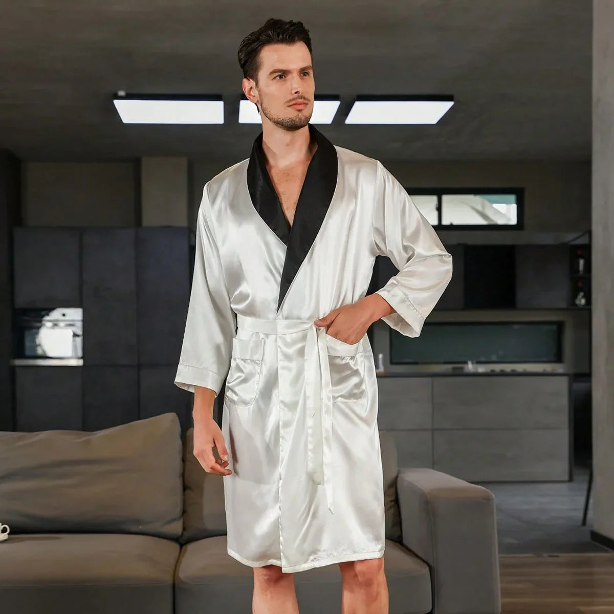 Summer Silk Stain Robe Men Bathrobe Kimono Gown Loose Casual Home Wear Male Loose Sleepwear Loungewear Night-Gown with Belt