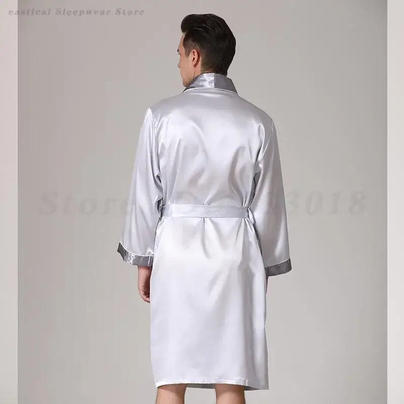 Summer Silk Stain Robe Men Bathrobe Kimono Gown Loose Casual Home Wear Male Loose Sleepwear Loungewear Night-Gown with Belt